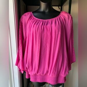 NWOT JM Collection Hot Pink Blouse with Lace Accents Round Neck Elastic Cuff Hem